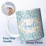 Personalized Custom Name Small White Daisy Floral Meadow Pattern Seamless Pattern Lovely 11oz Ceramic Coffee Tea Mug White Large Handle
