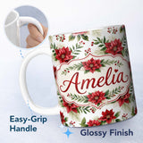 Personalized Custom Name Elegant Poinsettia Flowers Green Leaves Festive Seamless Pattern 11oz Ceramic Coffee Tea Mug White Large Handle