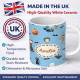 Personalized Custom Name Halloween Zombie Mummy Vampire and Bat Characters Bright Blue Lovely 11oz Ceramic Coffee Tea Mug White Large Handle