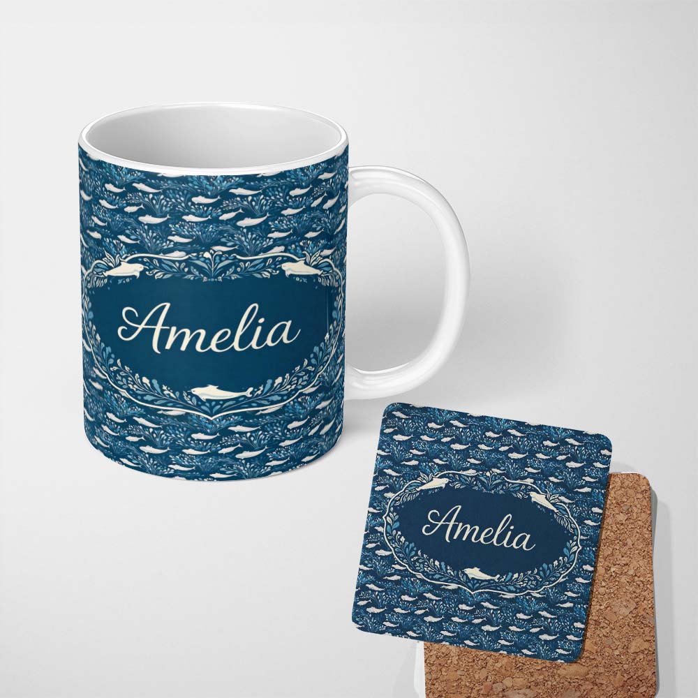 Personalized Custom Name Light Blue Whale Seamless Pattern Cute Marine Animal Ocean Design 11oz Ceramic Coffee Tea Mug White Large Handle