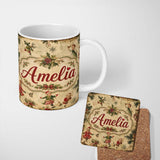 Personalized Custom Name Vintage Christmas Children Tree Holiday Festive Seamless Pattern 11oz Ceramic Coffee Tea Mug White Large Handle