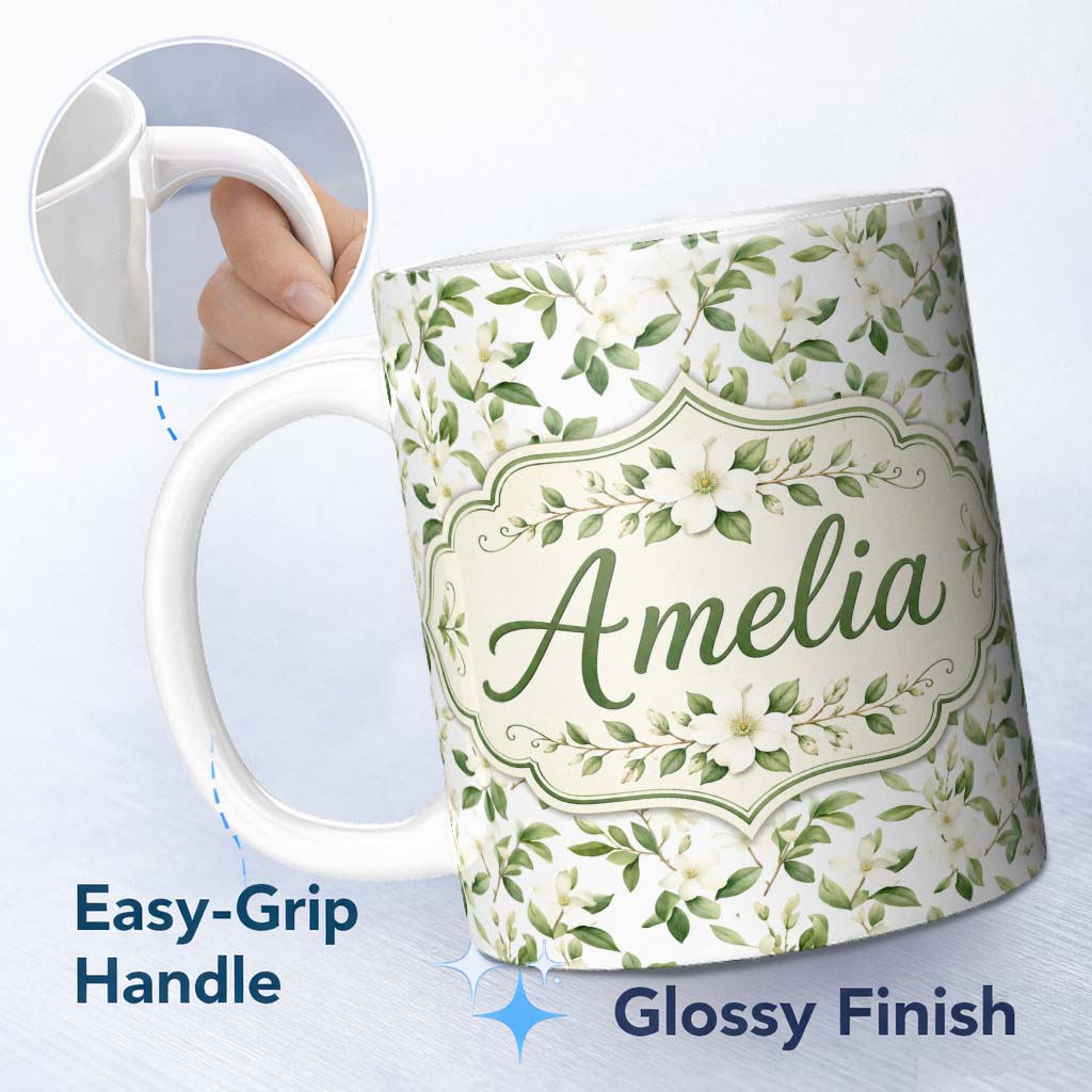 Personalized Custom Name Elegant White Blossom Floral Branch Pattern on Soft Neutral Lovely 11oz Ceramic Coffee Tea Mug White Large Handle
