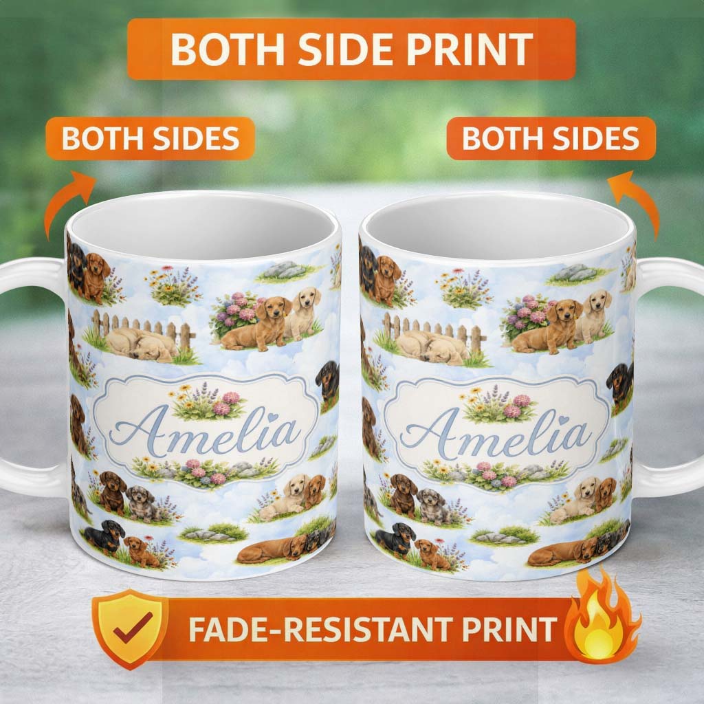 Personalized Custom Name Cute Dachshund Puppy Garden Floral Seamless Pattern Cute Unique Gift 11oz Ceramic Coffee Tea Mug White Large Handle