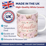 Personalized Custom Name Cute Alpaca Llama Pattern with Floral Sprigs on Soft Pink Background 11oz Ceramic Coffee Tea Mug White Large Handle