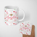 Personalized Custom Name Cute Winter Bird Santa Hat Candy Cane Holly Seamless Pattern Lovely 11oz Ceramic Coffee Tea Mug White Large Handle