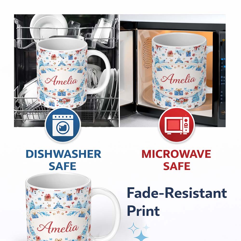 Personalized Custom Name Cute Snowman Christmas Pattern Gifts Candy Winter Seamless Design 11oz Ceramic Coffee Tea Mug White Large Handle