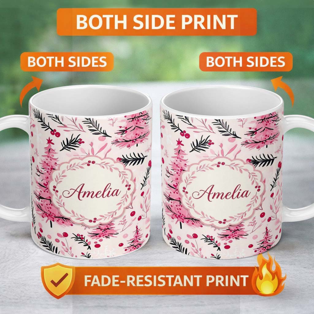 Personalized Custom Name Watercolor Pink Christmas Tree Berry Branch Seamless Pattern Lovely 11oz Ceramic Coffee Tea Mug White Large Handle