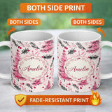 Personalized Custom Name Watercolor Pink Christmas Tree Berry Branch Seamless Pattern Lovely 11oz Ceramic Coffee Tea Mug White Large Handle