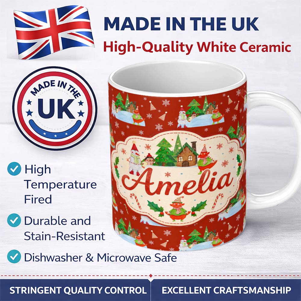 Personalized Custom Name Cute Snowman Winter Village Candy Cane Seamless Pattern Lovely 11oz Ceramic Coffee Tea Mug White Large Handle