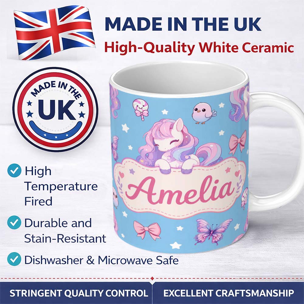 Personalized Custom Name Cute Pastel Unicorn Butterfly Candy Stars Blue Background Seamless 11oz Ceramic Coffee Tea Mug White Large Handle