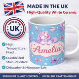 Personalized Custom Name Cute Pastel Unicorn Butterfly Candy Stars Blue Background Seamless 11oz Ceramic Coffee Tea Mug White Large Handle