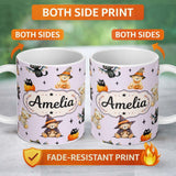 Personalized Custom Name Cute Halloween Teddy Bears Mummy Witch Cat Pumpkin Stars Purple 11oz Ceramic Coffee Tea Mug White Large Handle