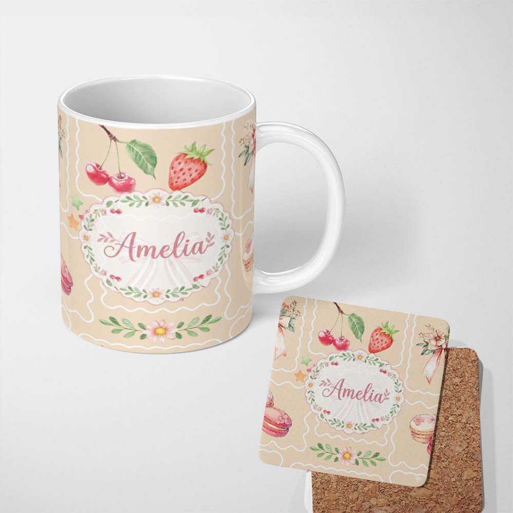 Personalized Custom Name Cute Watercolor Cherry Strawberry Ribbon Bow and Macaron Frame Beige 11oz Ceramic Coffee Tea Mug White Large Handle