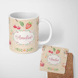 Personalized Custom Name Cute Watercolor Cherry Strawberry Ribbon Bow and Macaron Frame Beige 11oz Ceramic Coffee Tea Mug White Large Handle