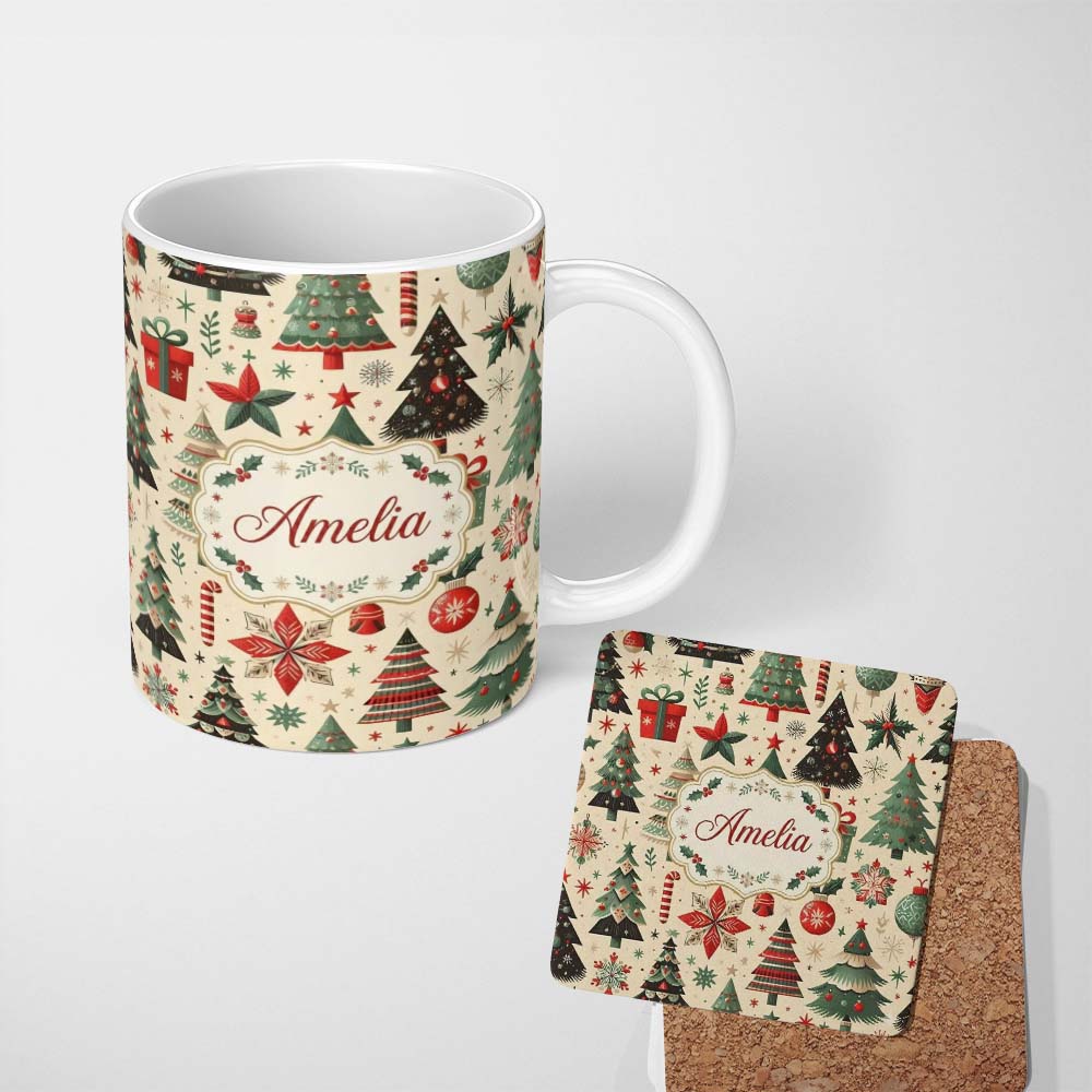 Personalized Custom Name Festive Christmas Tree Gift Ornament Star Holiday Seamless Pattern 11oz Ceramic Coffee Tea Mug White Large Handle