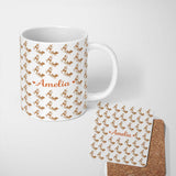 Personalized Custom Name Gold Glitter Reindeer Sleigh Christmas White Background Seamless 11oz Ceramic Coffee Tea Mug White Large Handle