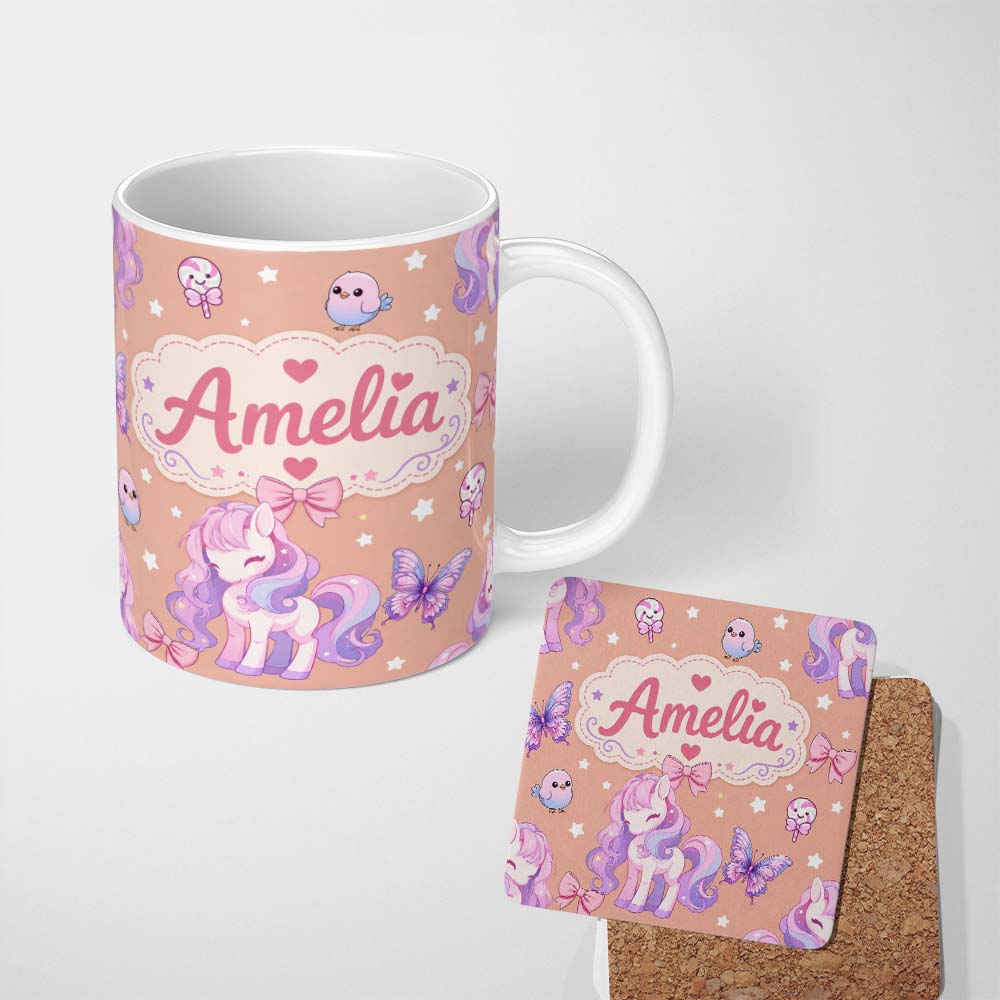 Personalized Custom Name Cute Pastel Unicorn Butterfly Candy Stars Peach Background Seamless 11oz Ceramic Coffee Tea Mug White Large Handle
