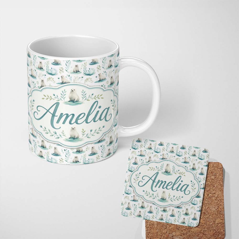 Personalized Custom Name Cute Baby Seal Pups with Seaweed Soft Pastel Background Seamless 11oz Ceramic Coffee Tea Mug White Large Handle