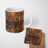 Personalized Custom Name Vintage Rusted Surface Texture Seamless Pattern Weathered Metal 11oz Ceramic Coffee Tea Mug White Large Handle
