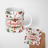 Personalized Custom Name Watercolor Christmas Santa Hat Tree Branches Snowflakes Festive 11oz Ceramic Coffee Tea Mug White Large Handle