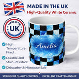 Personalized Custom Name Abstract Blue Bubble Checkered Seamless Pattern Stylish Everyday Mug 11oz Ceramic Coffee Tea Mug White Large Handle