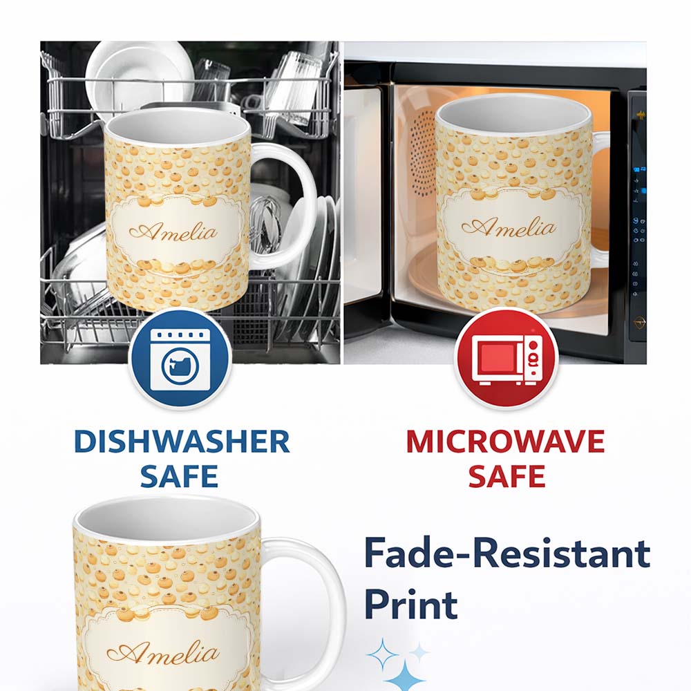 Personalized Custom Name Tea Party Dessert and Cake Vintage Seamless Pattern Cute Unique Gift 11oz Ceramic Coffee Tea Mug White Large Handle