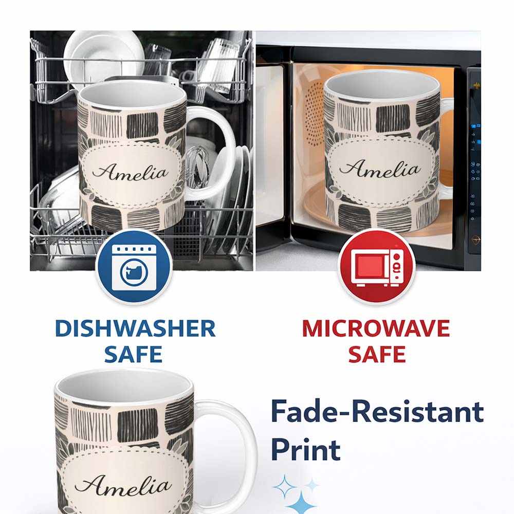 Personalized Custom Name Mixed Stripe Blocks Black Grey Textured Patch Pattern Lovely 11oz Ceramic Coffee Tea Mug White Large Handle