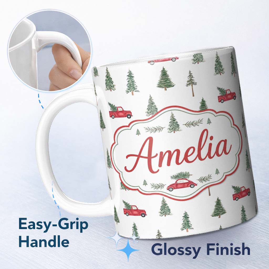 Personalized Custom Name Watercolor Christmas Trees Red Truck Winter Forest Seamless Pattern 11oz Ceramic Coffee Tea Mug White Large Handle