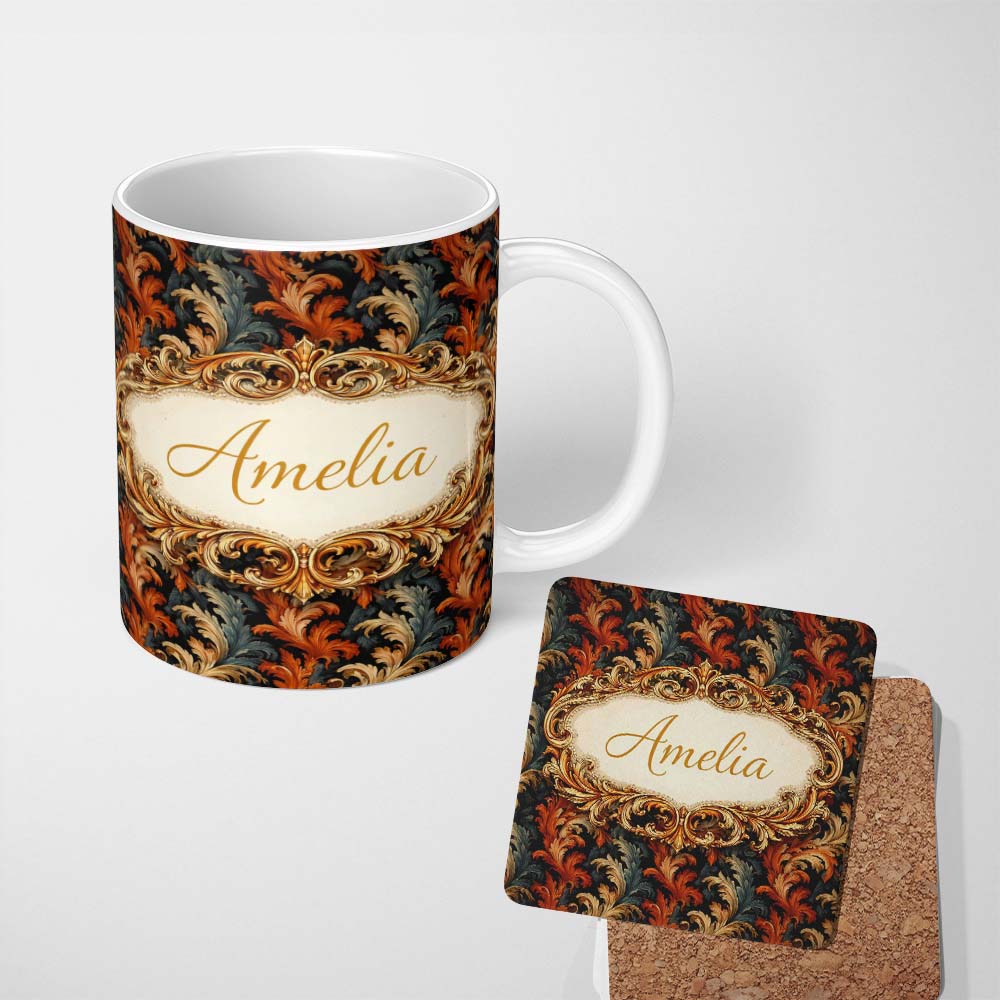 Personalized Custom Name Orange Gold Baroque Floral Dark Background Luxury Ornamental Design 11oz Ceramic Coffee Tea Mug White Large Handle