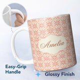 Personalized Custom Name Peach Floral Geometric Tile Seamless Pattern Stylish Everyday Mug 11oz Ceramic Coffee Tea Mug White Large Handle