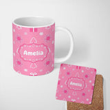 Personalized Custom Name Cute Pink Christmas Snowflakes Trees Gift Box Seamless Pattern 11oz Ceramic Coffee Tea Mug White Large Handle