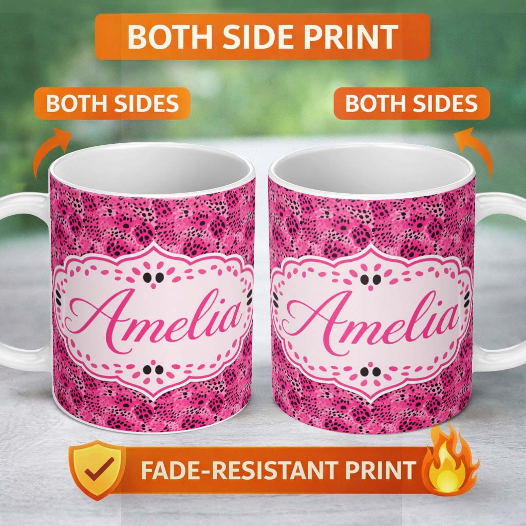 Personalized Custom Name Bright Pink Leopard Spot Seamless Pattern Bold Animal Print Design 11oz Ceramic Coffee Tea Mug White Large Handle