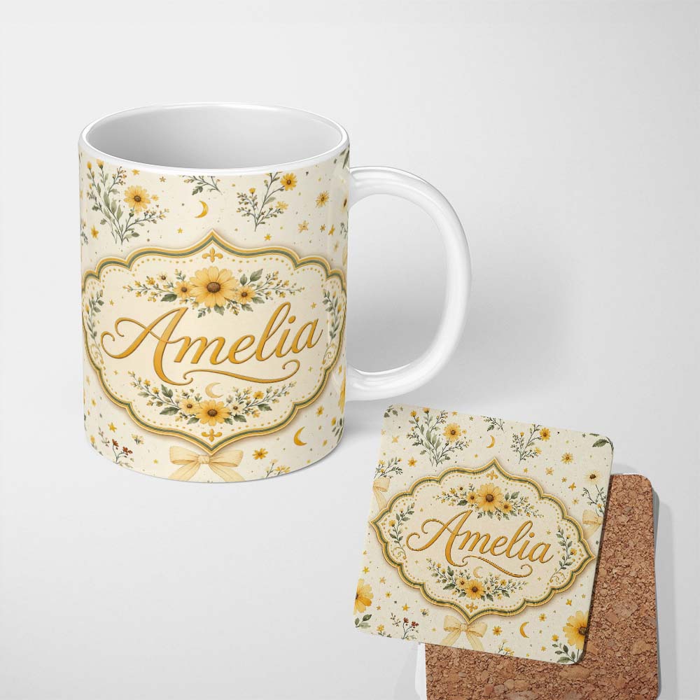 Personalized Custom Name Yellow Wildflower Botanical with Moon and Stars Seamless Pattern 11oz Ceramic Coffee Tea Mug White Large Handle