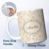 Personalized Custom Name Minimalist Beige Floral Bud Pattern with Fine Line Botanical Lovely 11oz Ceramic Coffee Tea Mug White Large Handle