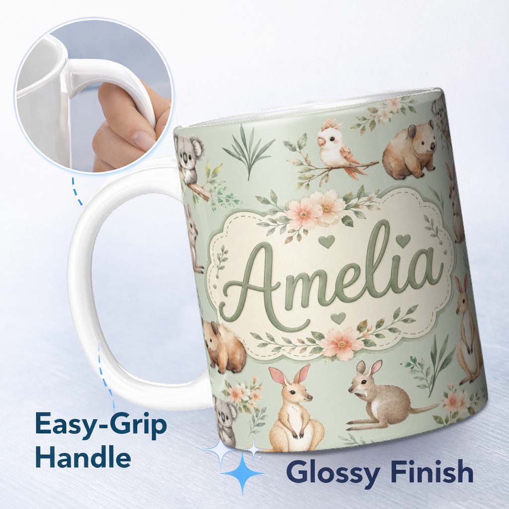 Personalized Custom Name Cute Woodland Animals Koala Kangaroo Bear Floral Pattern Sage Green 11oz Ceramic Coffee Tea Mug White Large Handle