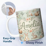 Personalized Custom Name Cute Woodland Animals Koala Kangaroo Bear Floral Pattern Sage Green 11oz Ceramic Coffee Tea Mug White Large Handle