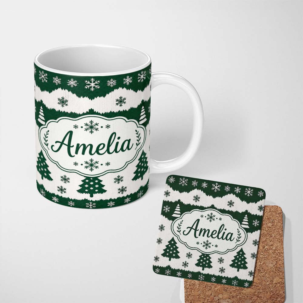 Personalized Custom Name Green White Snowflakes Christmas Trees Winter Seamless Pattern 11oz Ceramic Coffee Tea Mug White Large Handle