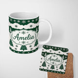 Personalized Custom Name Green White Snowflakes Christmas Trees Winter Seamless Pattern 11oz Ceramic Coffee Tea Mug White Large Handle
