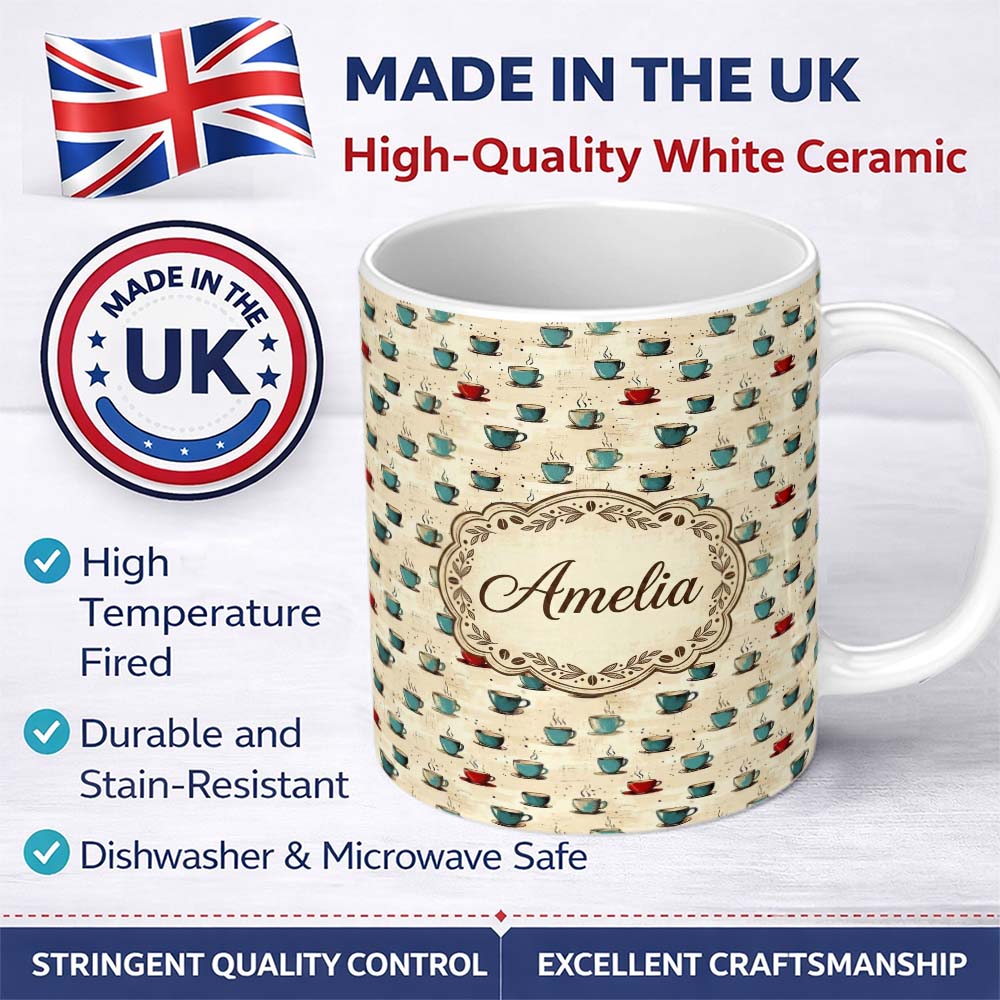 Personalized Custom Name Blue Red Coffee Cups Artistic Texture Seamless Pattern Lovely 11oz Ceramic Coffee Tea Mug White Large Handle
