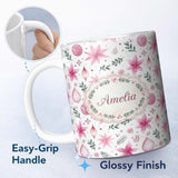 Personalized Custom Name Watercolor Pink Poinsettia Leaves Christmas Seamless Pattern Lovely 11oz Ceramic Coffee Tea Mug White Large Handle