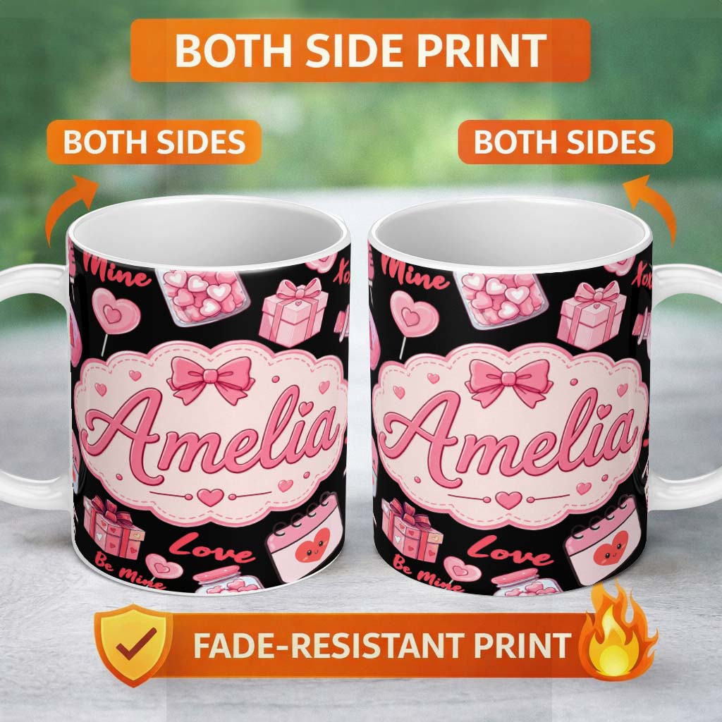Personalized Custom Name Cute Kawaii Valentine Love Hearts Gifts Seamless Pattern White 11oz Ceramic Coffee Tea Mug White Large Handle