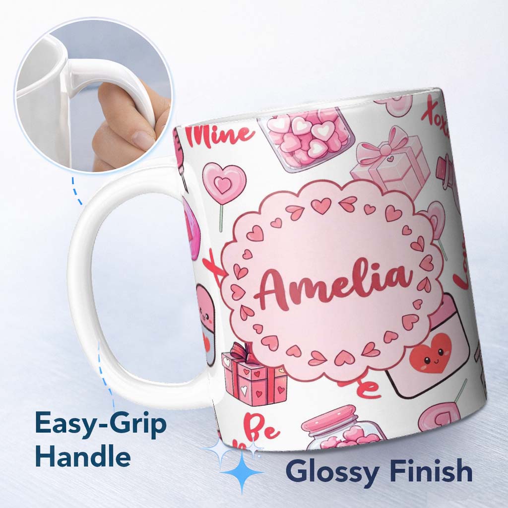 Personalized Custom Name Cute Kawaii Valentine Love Hearts Syringe Gift Calendar White Lovely 11oz Ceramic Coffee Tea Mug White Large Handle