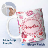 Personalized Custom Name Cute Kawaii Valentine Love Hearts Syringe Gift Calendar White Lovely 11oz Ceramic Coffee Tea Mug White Large Handle