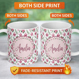 Personalized Custom Name Watercolor Pink Christmas Baubles Poinsettia Floral Seamless Pattern 11oz Ceramic Coffee Tea Mug White Large Handle