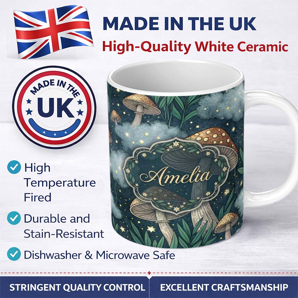 Personalized Custom Name Purple Mystical Trees Moon Stars Night Seamless Pattern Lovely 11oz Ceramic Coffee Tea Mug White Large Handle