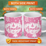 Personalized Custom Name Pink White Christmas Tree Snowflake Star Seamless Pattern Lovely 11oz Ceramic Coffee Tea Mug White Large Handle