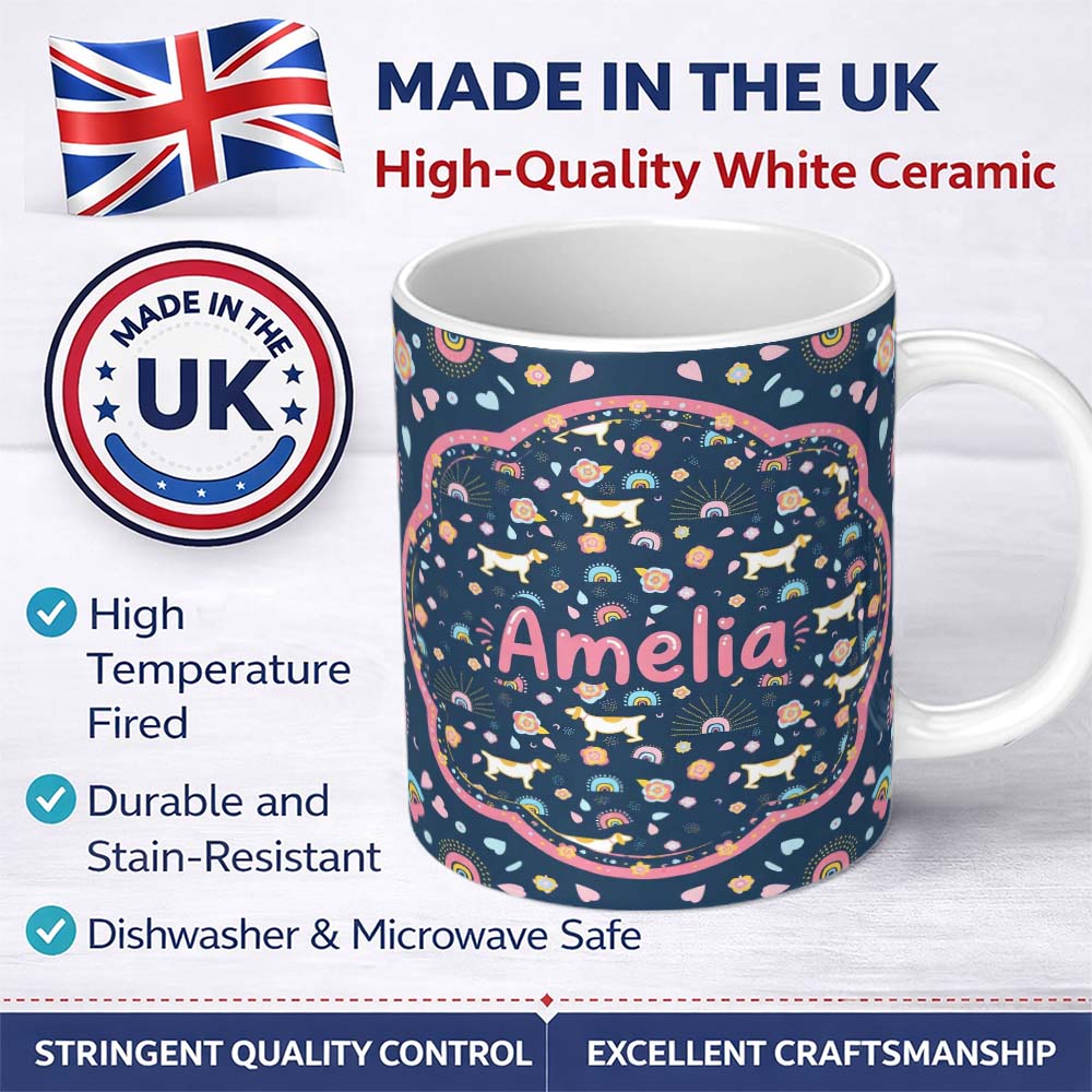 Personalized Custom Name Boho Dog Floral Rainbow Navy Background Seamless Pattern Lovely 11oz Ceramic Coffee Tea Mug White Large Handle