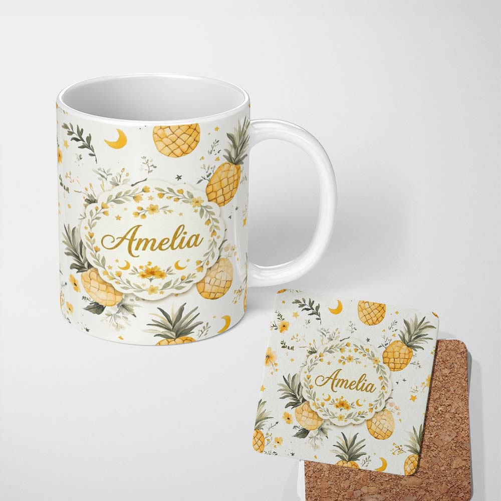 Personalized Custom Name Watercolor Pineapples with Soft Floral Botanical Pattern Seamless 11oz Ceramic Coffee Tea Mug White Large Handle