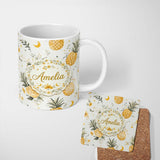 Personalized Custom Name Watercolor Pineapples with Soft Floral Botanical Pattern Seamless 11oz Ceramic Coffee Tea Mug White Large Handle