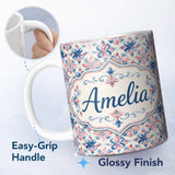 Personalized Custom Name Red and Blue Classic Floral Tile Pattern with Soft Vintage Symmetry 11oz Ceramic Coffee Tea Mug White Large Handle